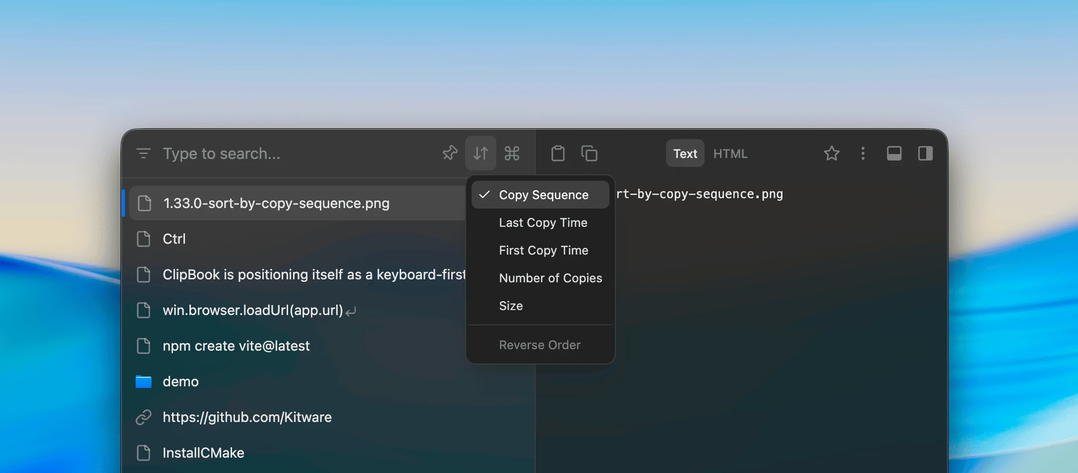 ClipBook: sort by copy sequence