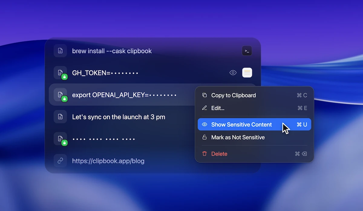 Keep your secrets secret: ClipBook now hides passwords, API keys and tokens