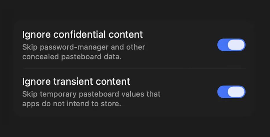 ClipBook settings for ignoring confidential clipboard content
