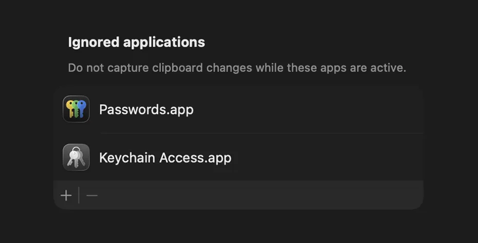 ClipBook list of applications excluded from clipboard history