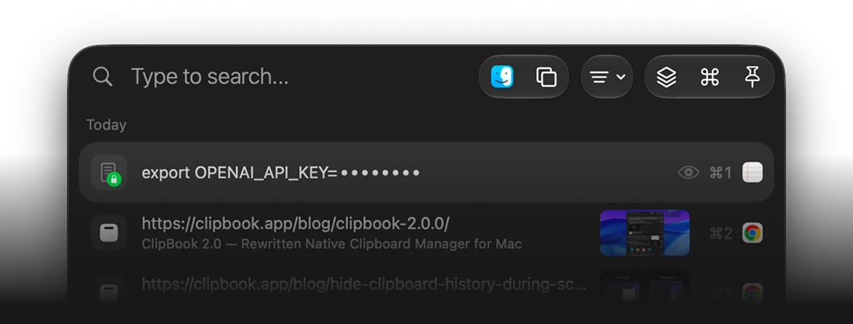 ClipBook history with passwords and API keys masked as dots