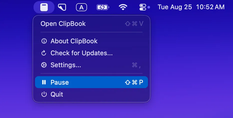 ClipBook menu with the option to pause clipboard history recording