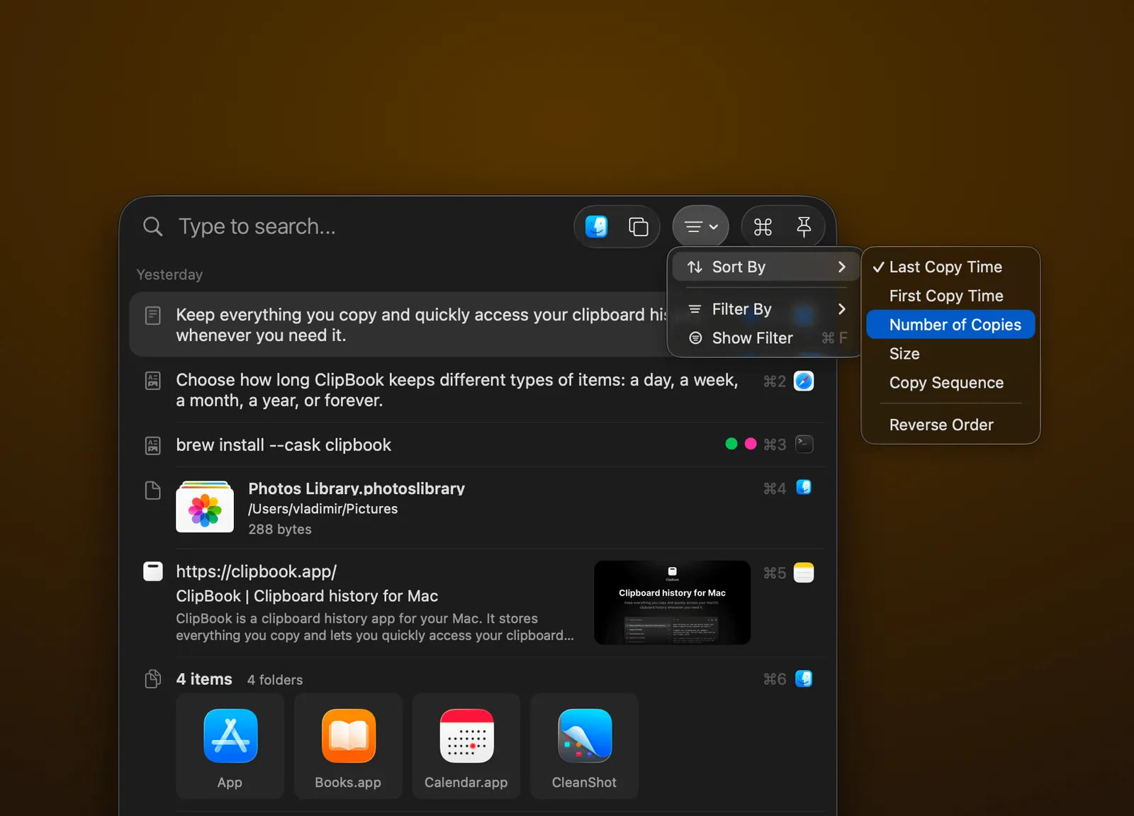 Sort clipboard history options
