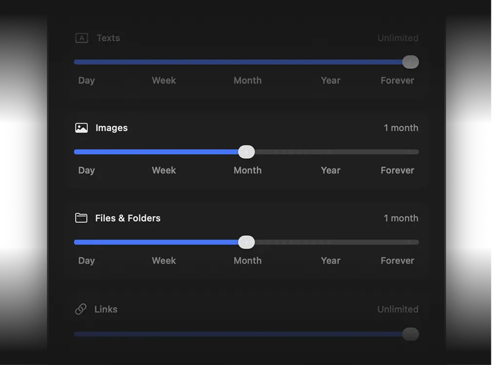 ClipBook retention settings for different clipboard item types