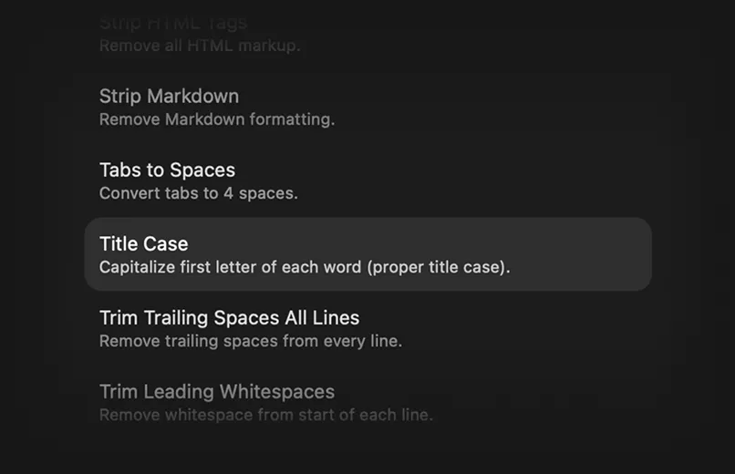 ClipBook text transformation menu with Title Case selected