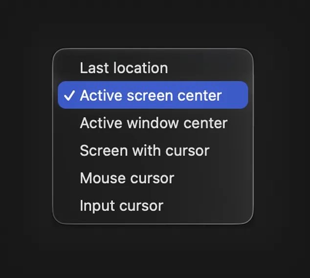 ClipBook window position menu with Active screen center selected