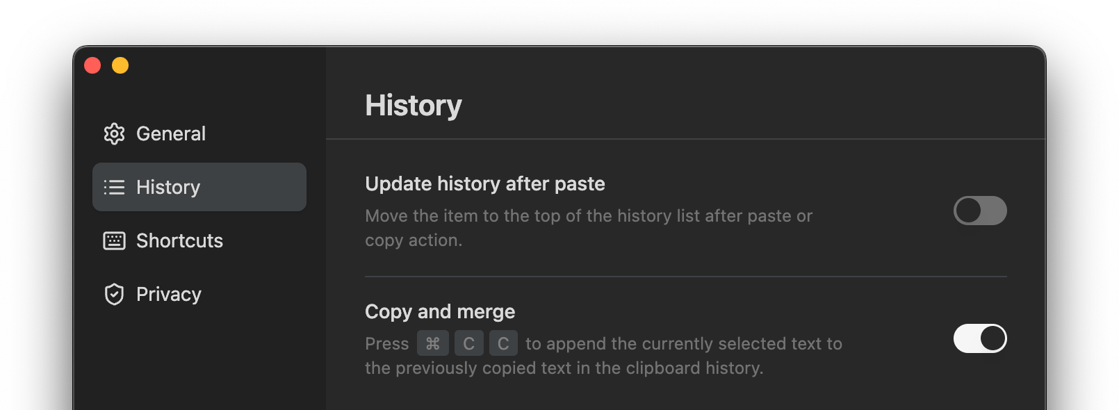 Update history after paste setting