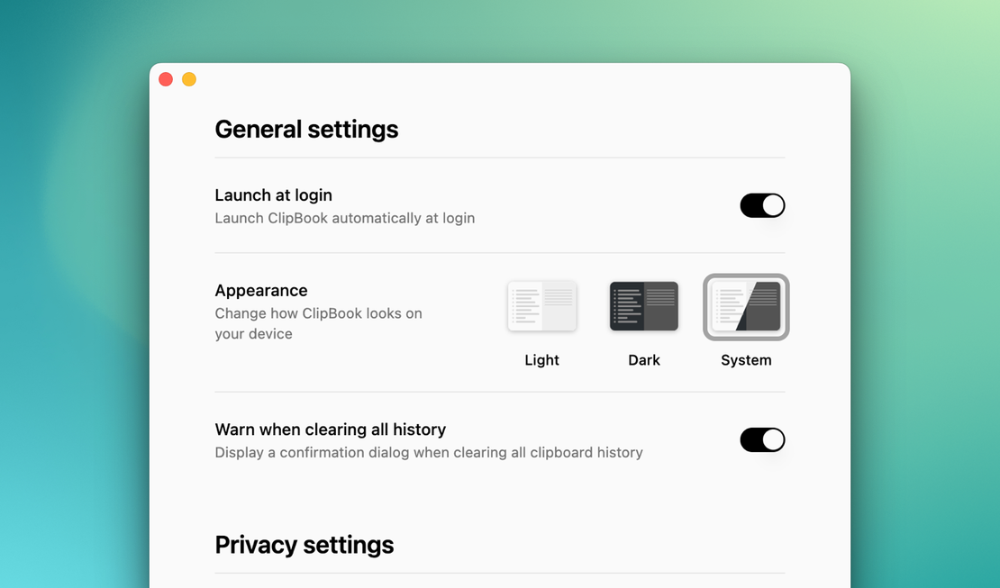 ClipBook 1.5.0: General & privacy settings and edit history items