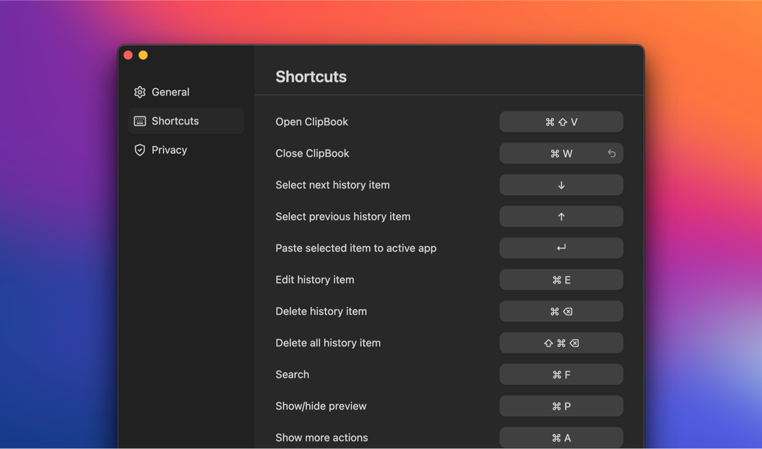 ClipBook 1.6.0: Customize keyboard shortcuts