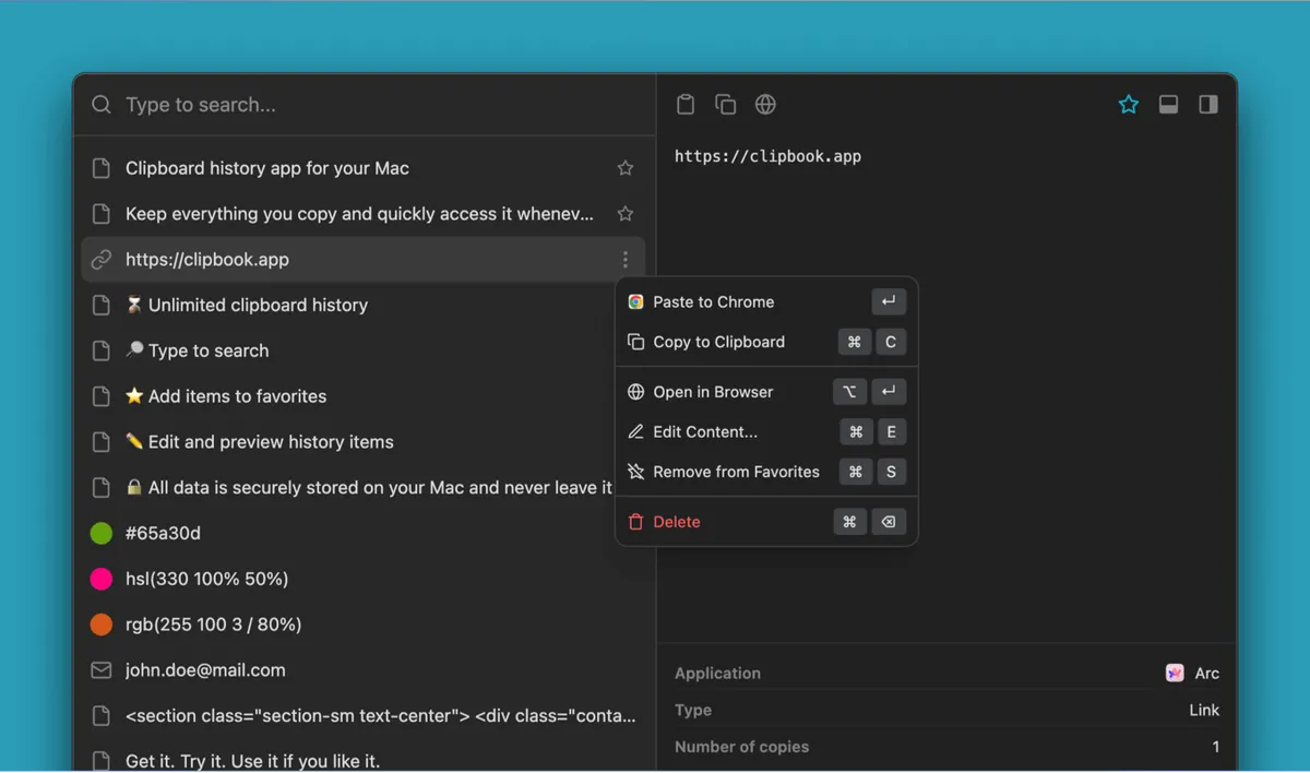 ClipBook 1.9.0: History item details, favorite items, preview toolbar, email addresses