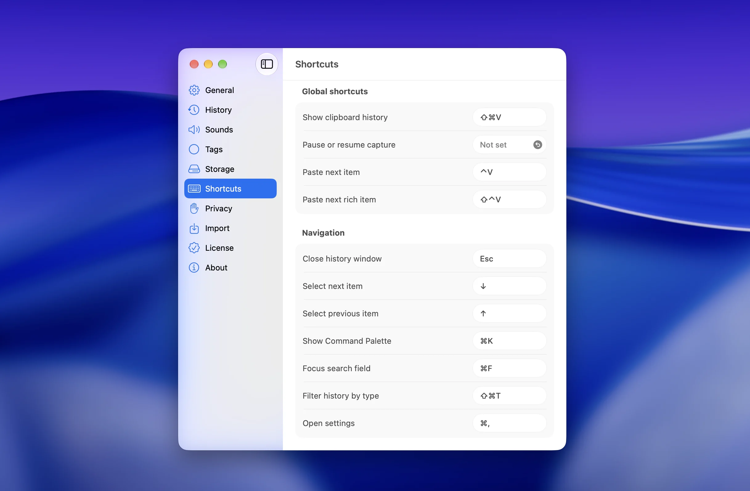 ClipBook keyboard shortcuts