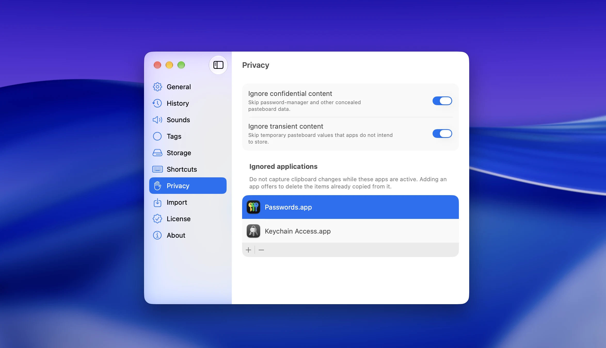 ClipBook privacy settings