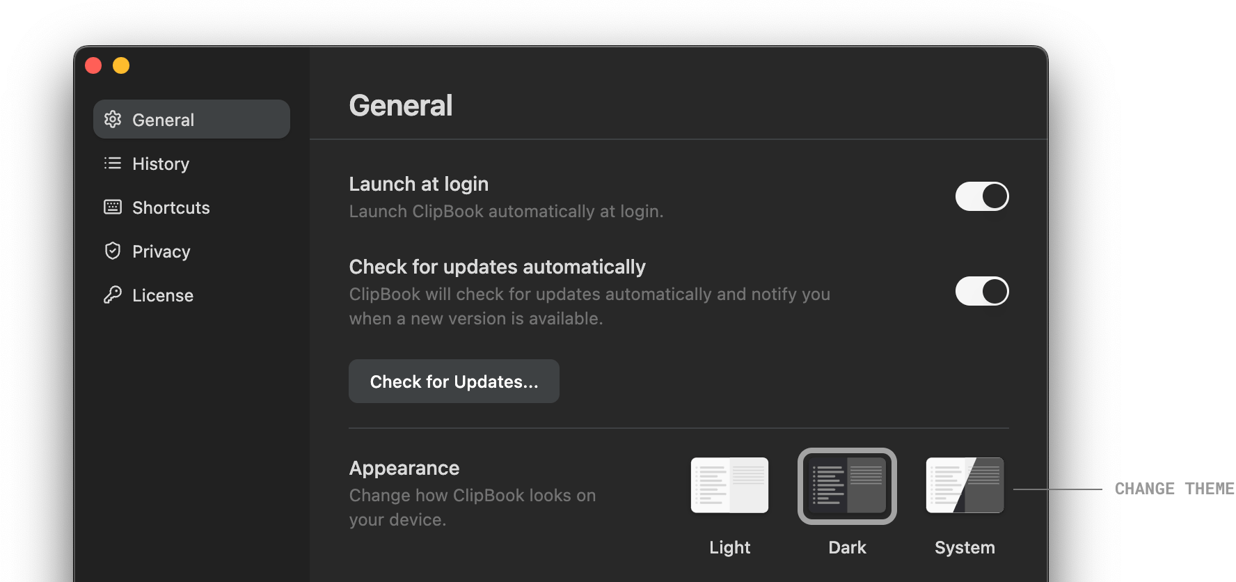 Appearance settings in ClipBook