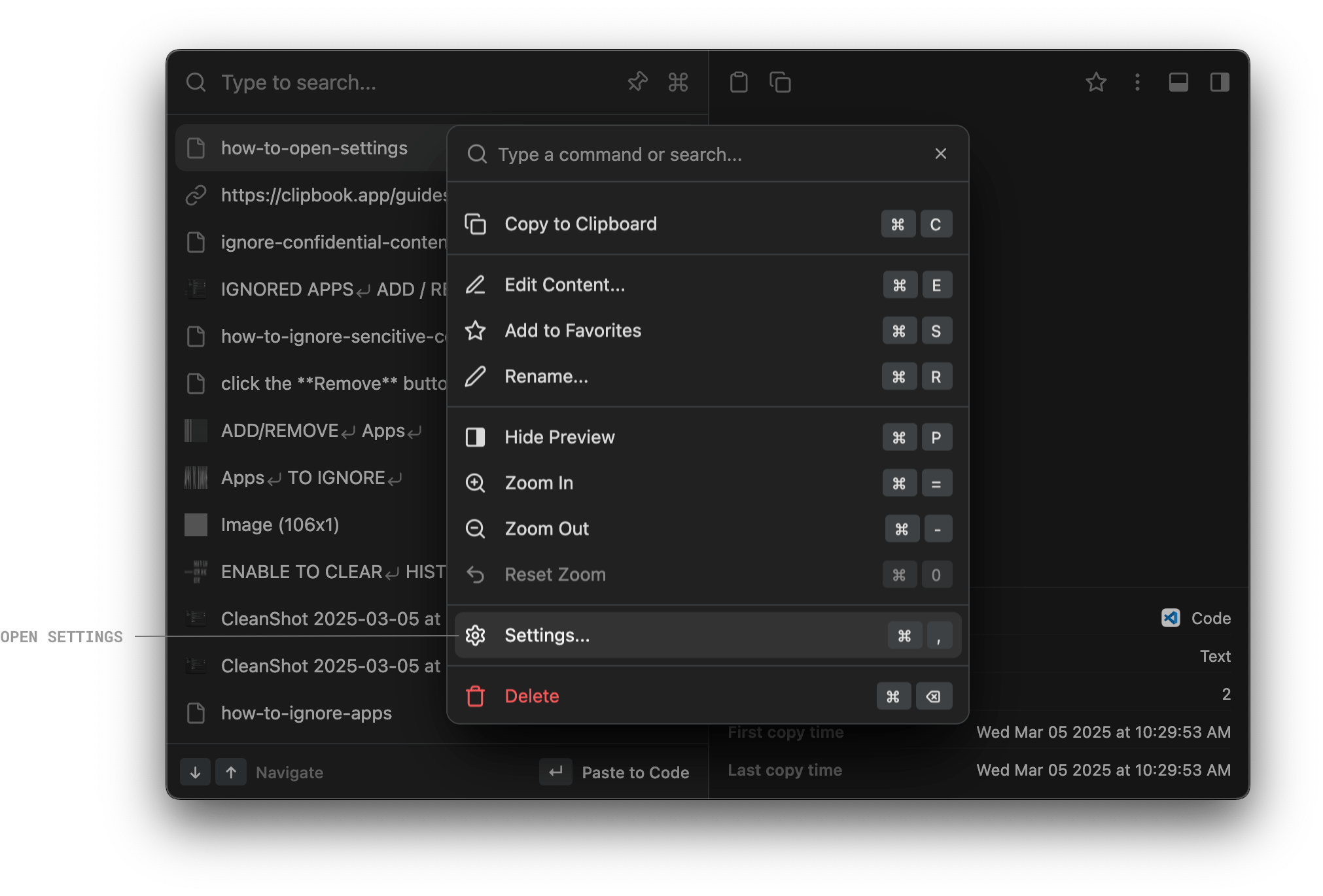 Open Settings from ClipBook commands