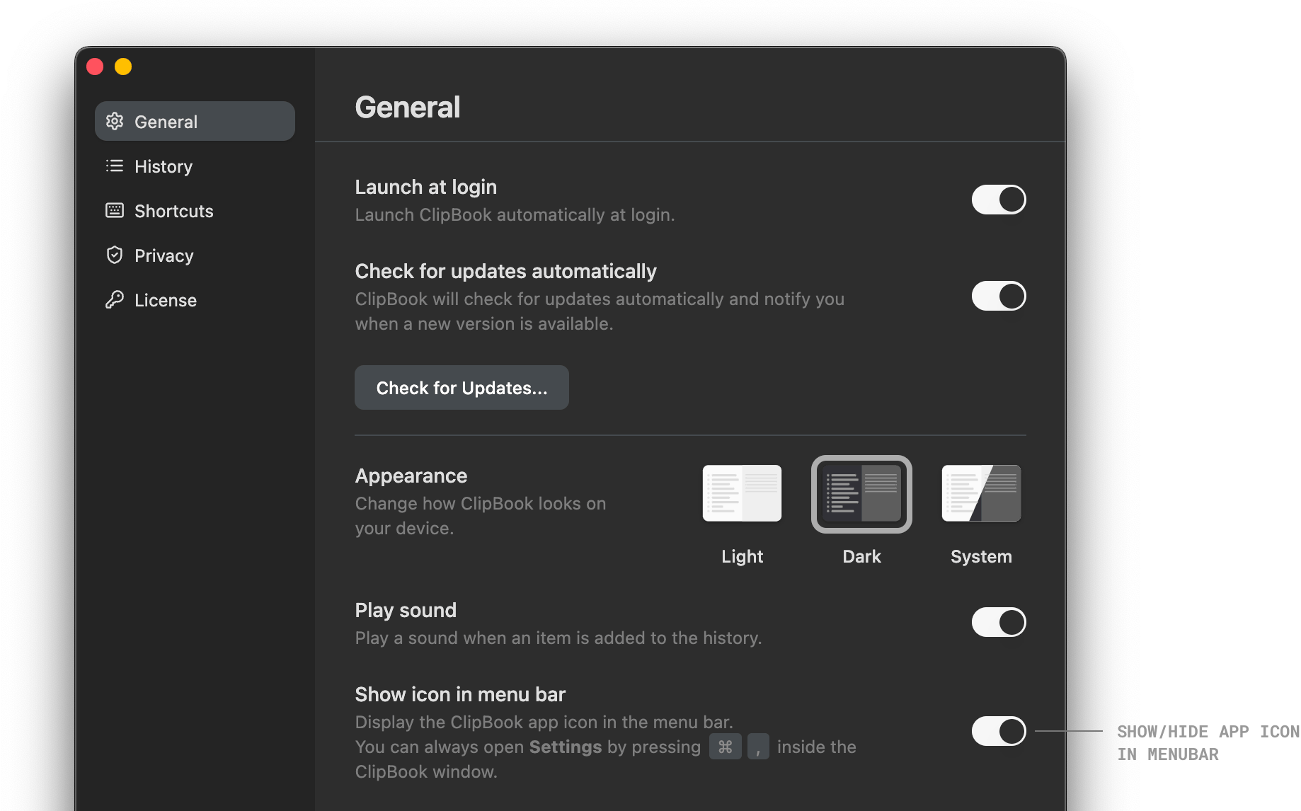 Show/Hide ClipBook icon in the menubar