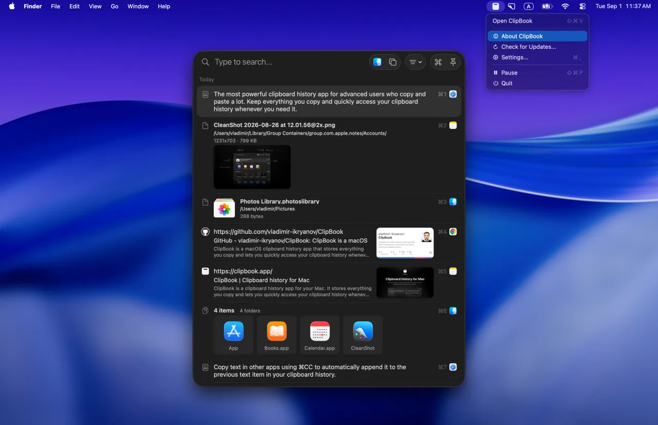 ClipBook clipboard history app on macOS