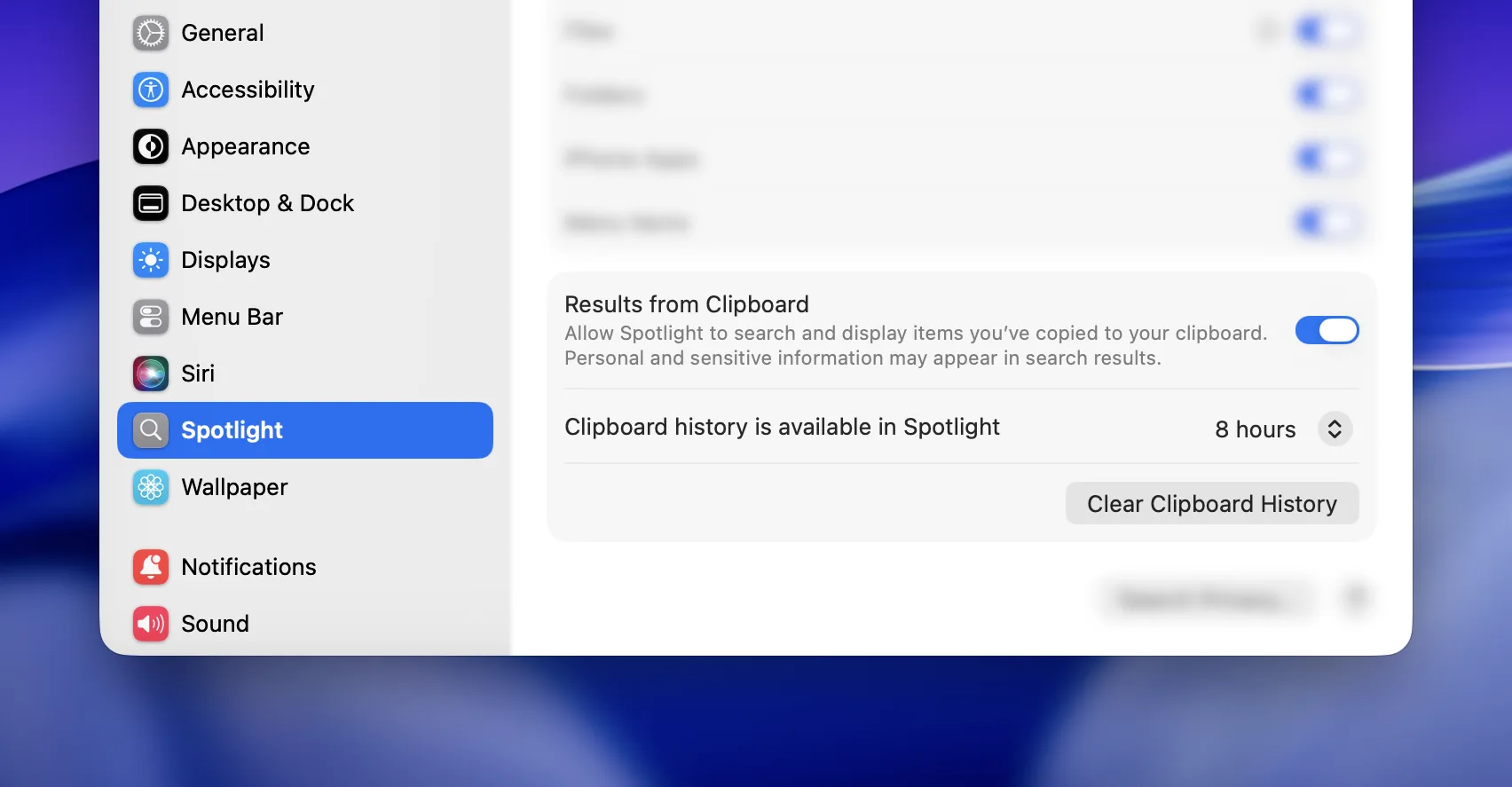 macOS Tahoe clipboard history settings