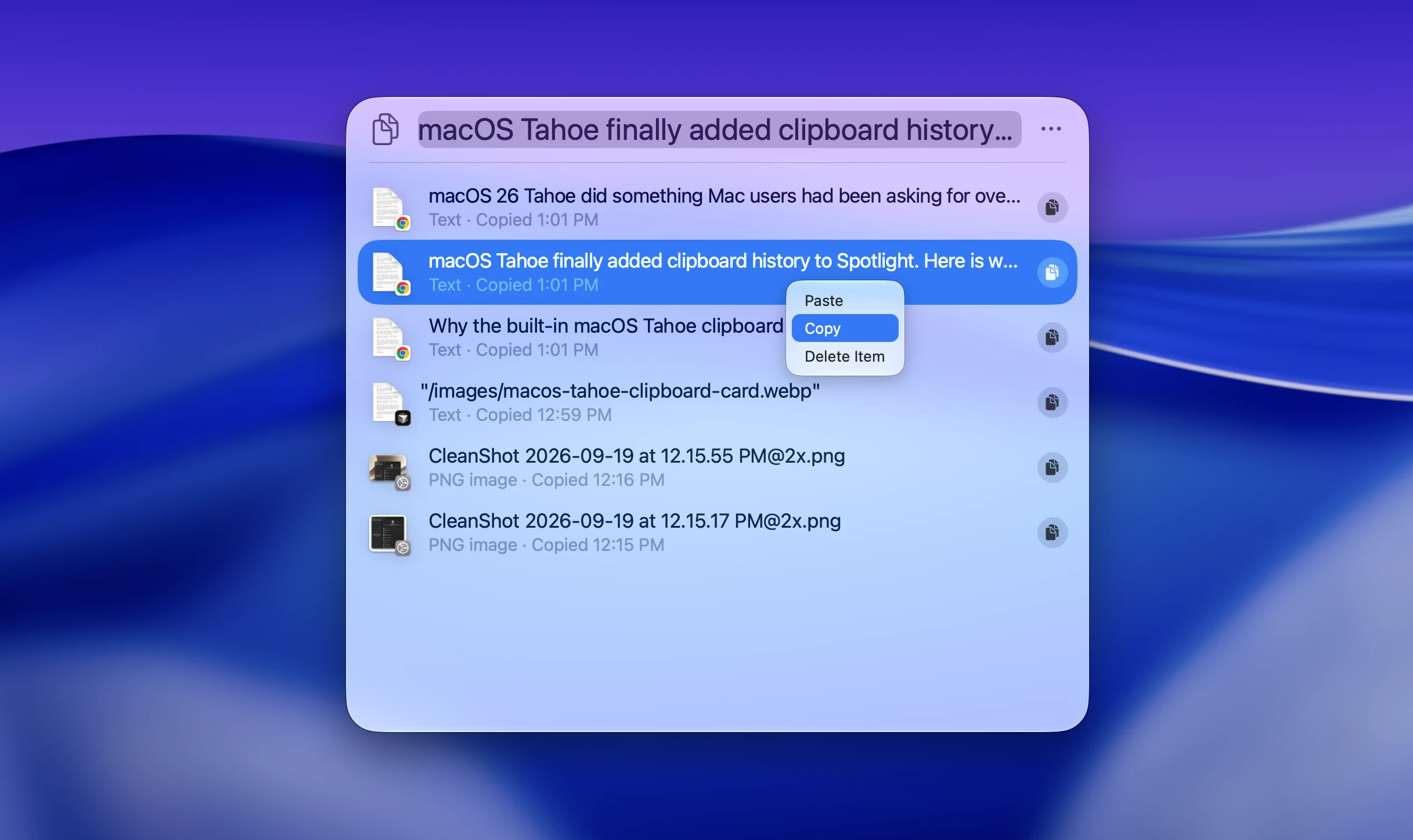 macOS Tahoe clipboard history card
