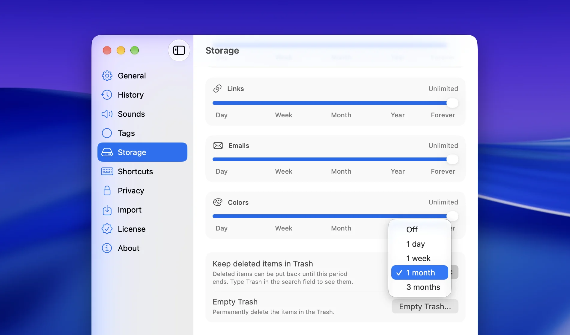 ClipBook Trash retention settings