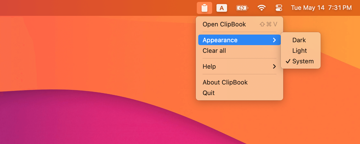 ClipBook tray menu: appearance checkmarks