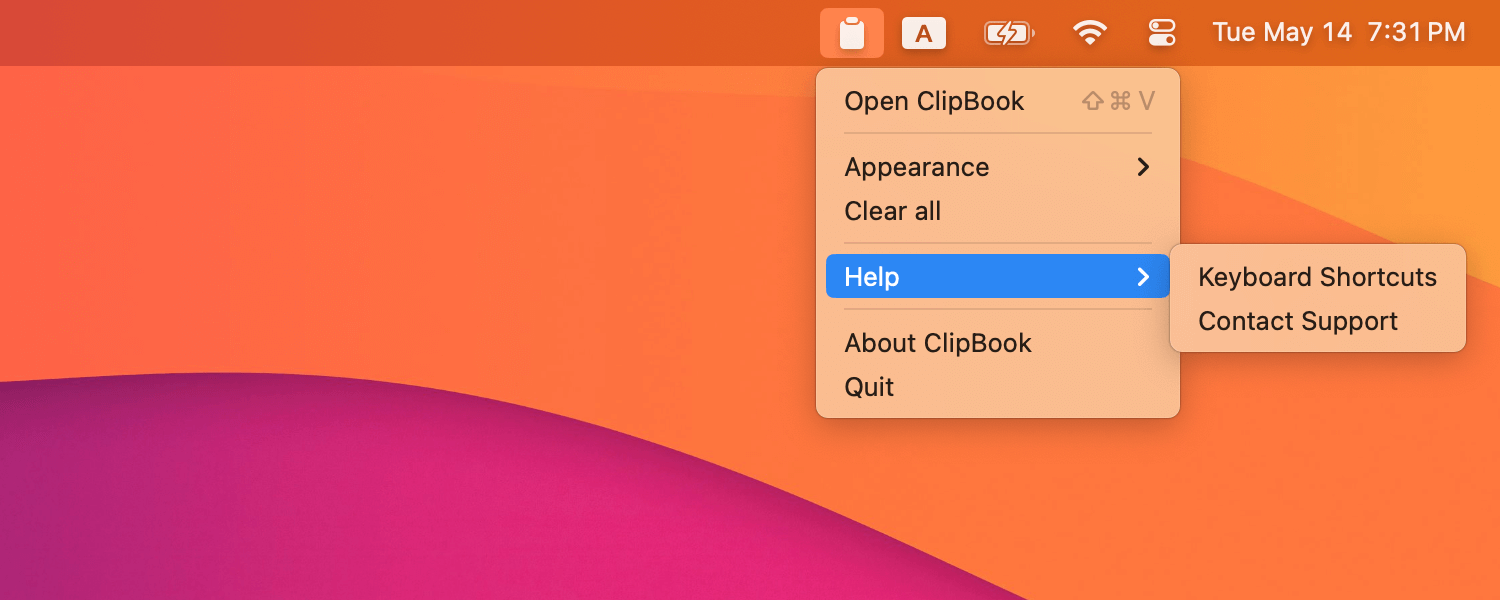 ClipBook tray menu: help menu