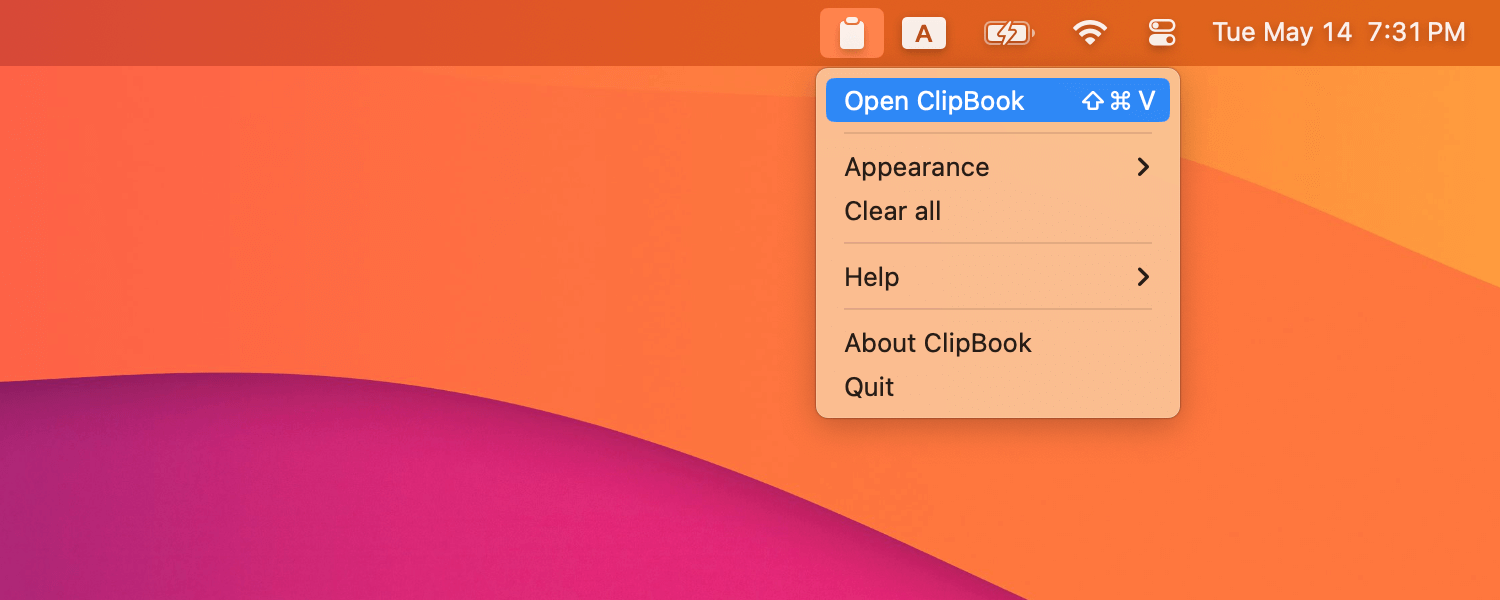 ClipBook tray menu: open clipboard history shortcut