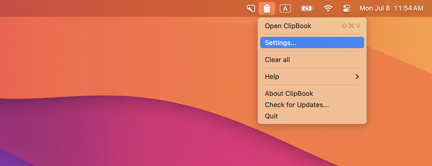 ClipBook 1.5.0 Settings menu