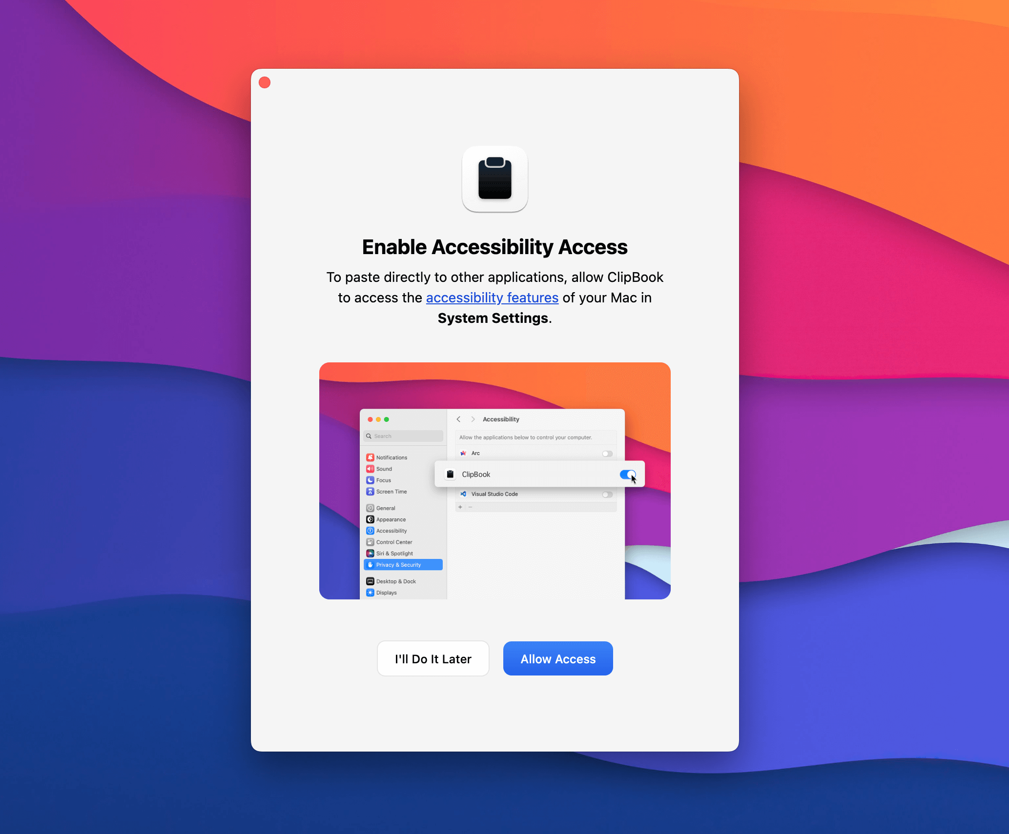 ClipBook welcome screen: enable accessibility section